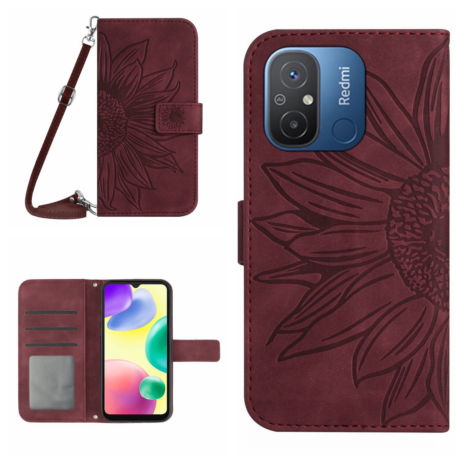 HT04 Leather Cover for Xiaomi Redmi 11A 4G 12C 4G Sunflower Imprinted Stand Wallet Phone Case with Shoulder Strap HT04 Leather Cover for Xiaomi Redmi 11A 4G 12C 4G Sunflower Imprinted Stand Wallet Phone Case with Shoulder Strap